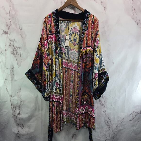 Anthropologie Kimono Womens XS S Blue Velvet Robe Wrap Long Zadie Tie Boho Cover - Picture 1 of 16